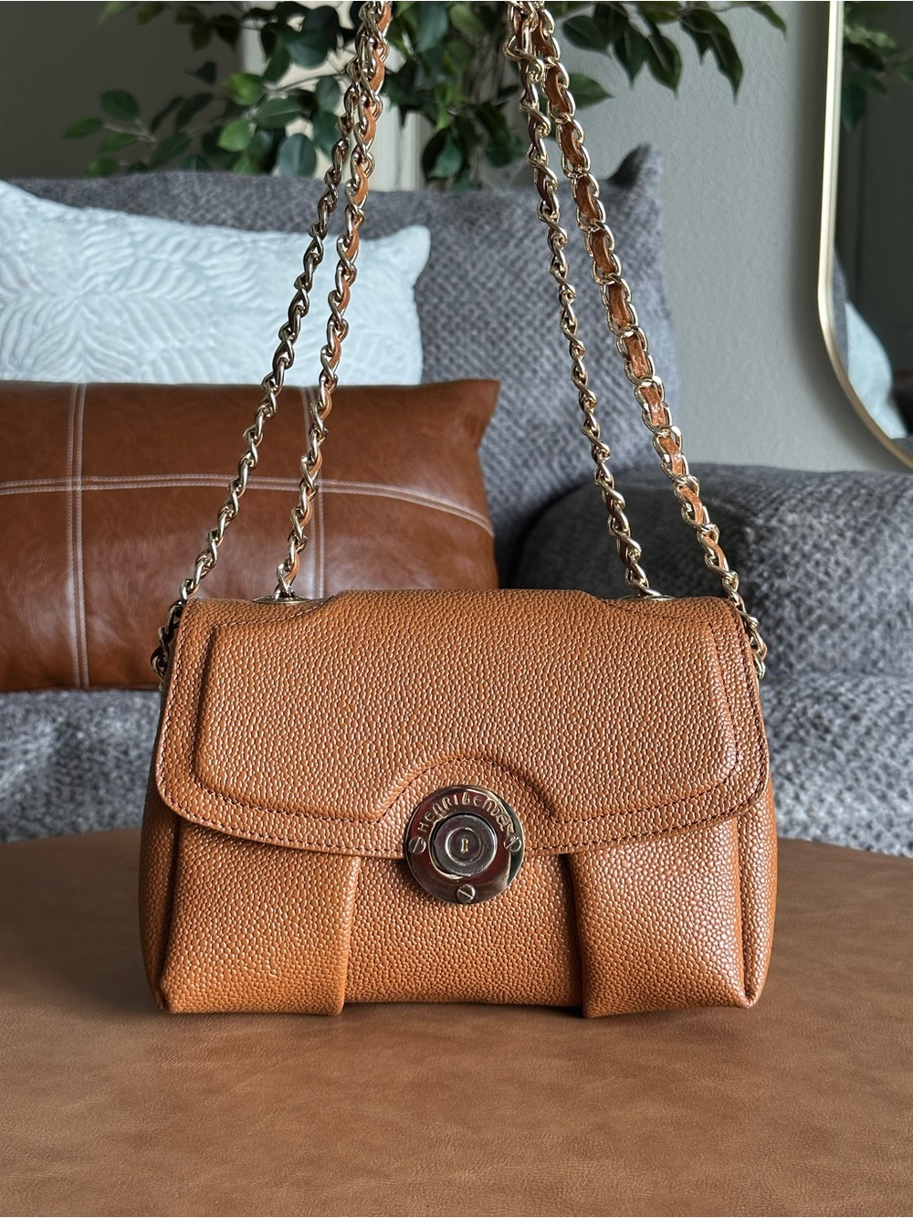 Henri Bendel Milliner Cognac Pebbled Leather Chain Shoulder Bag